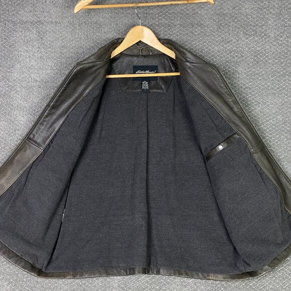 Eddie Bauer Leather Jacket Men's Large Short Brown Distressed Full Zip Bomber - Picture 5 of 15